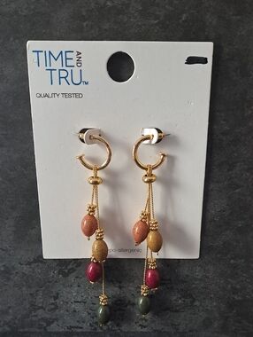 TIME AND TRU Gold Multi-Color Beaded Dangle Earrings